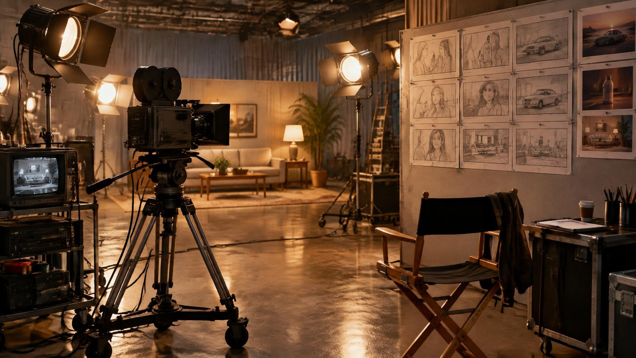 Vintage television production studio with film camera and storyboards